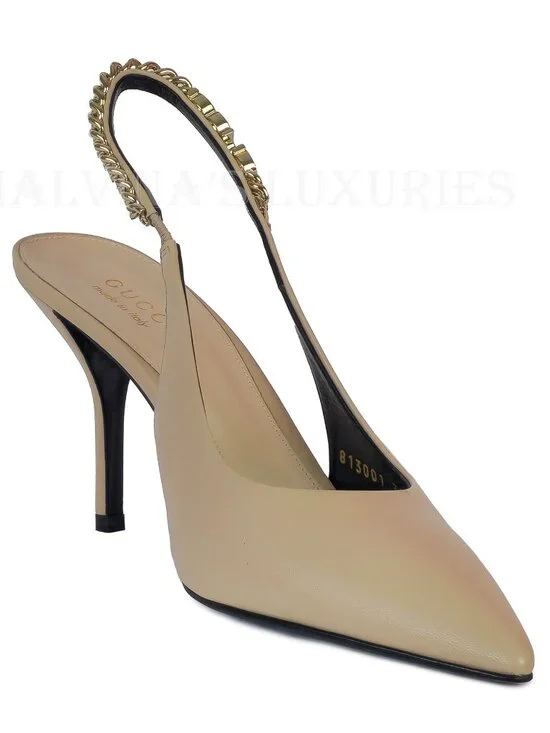 GUCCI SHOES SIGNORIA LEATHER w LOGO CHAIN SLINGBACK PUMPS sz 38.5 8.5 - Picture 8 of 16